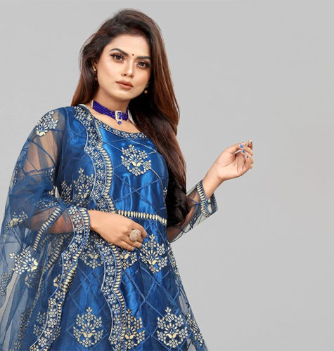 Teal Embroidered Semi-Stitched Dress Material